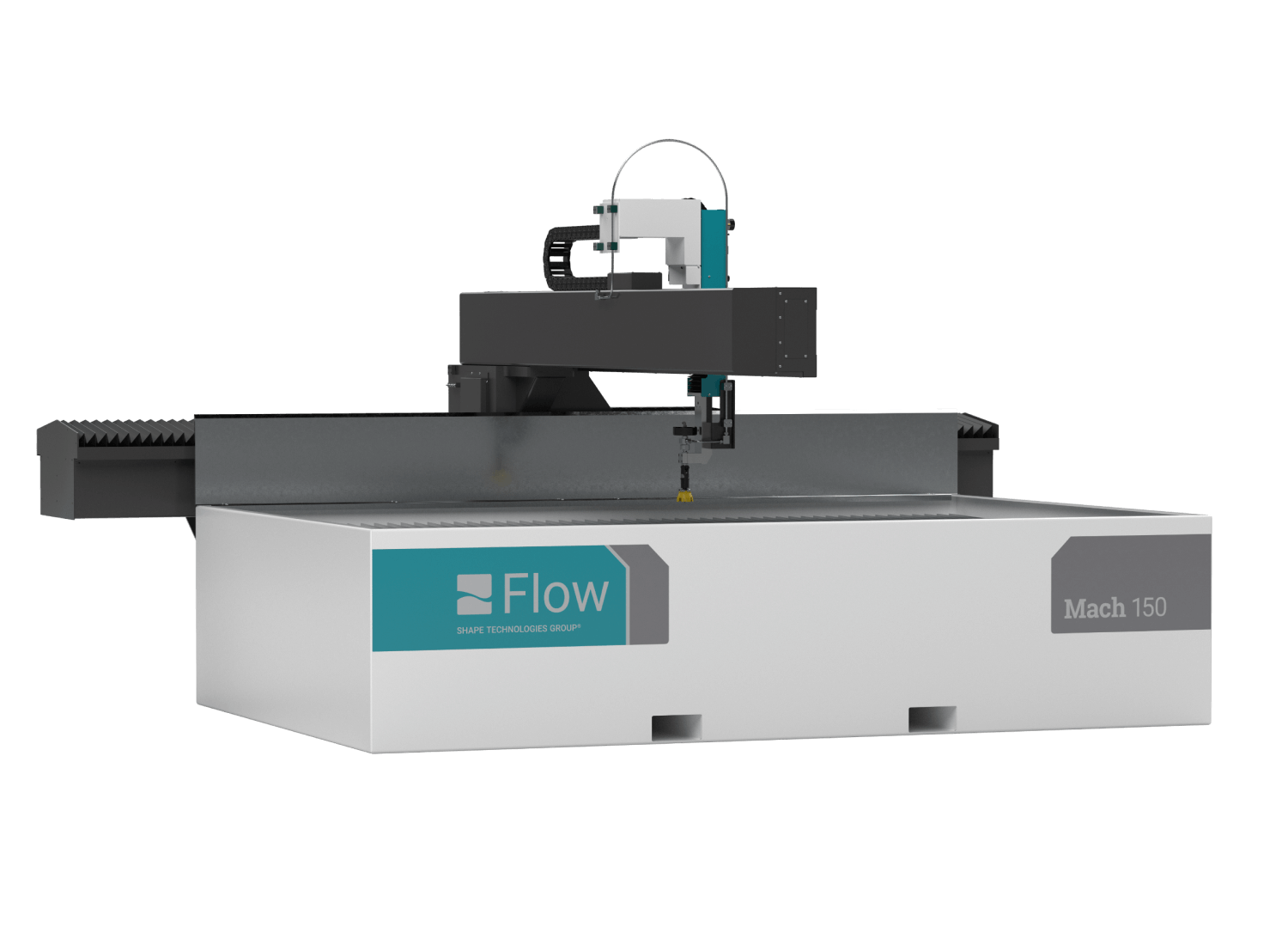 Flow waterjet cutting machine with a white base, teal labels, and a black cutting head, labeled 'Flow' and 'Mach 150'.