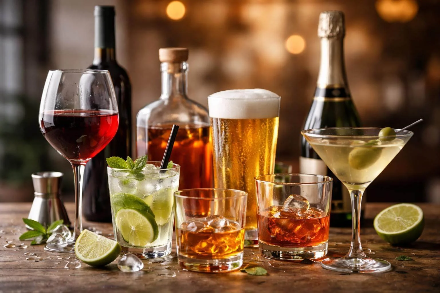 Verschiedene alkoholische Getränke wie Wein, Bier und Spirituosen auf einem Tisch, symbolisch für Alkoholunverträglichkeit bei Long COVID und ME/CFS