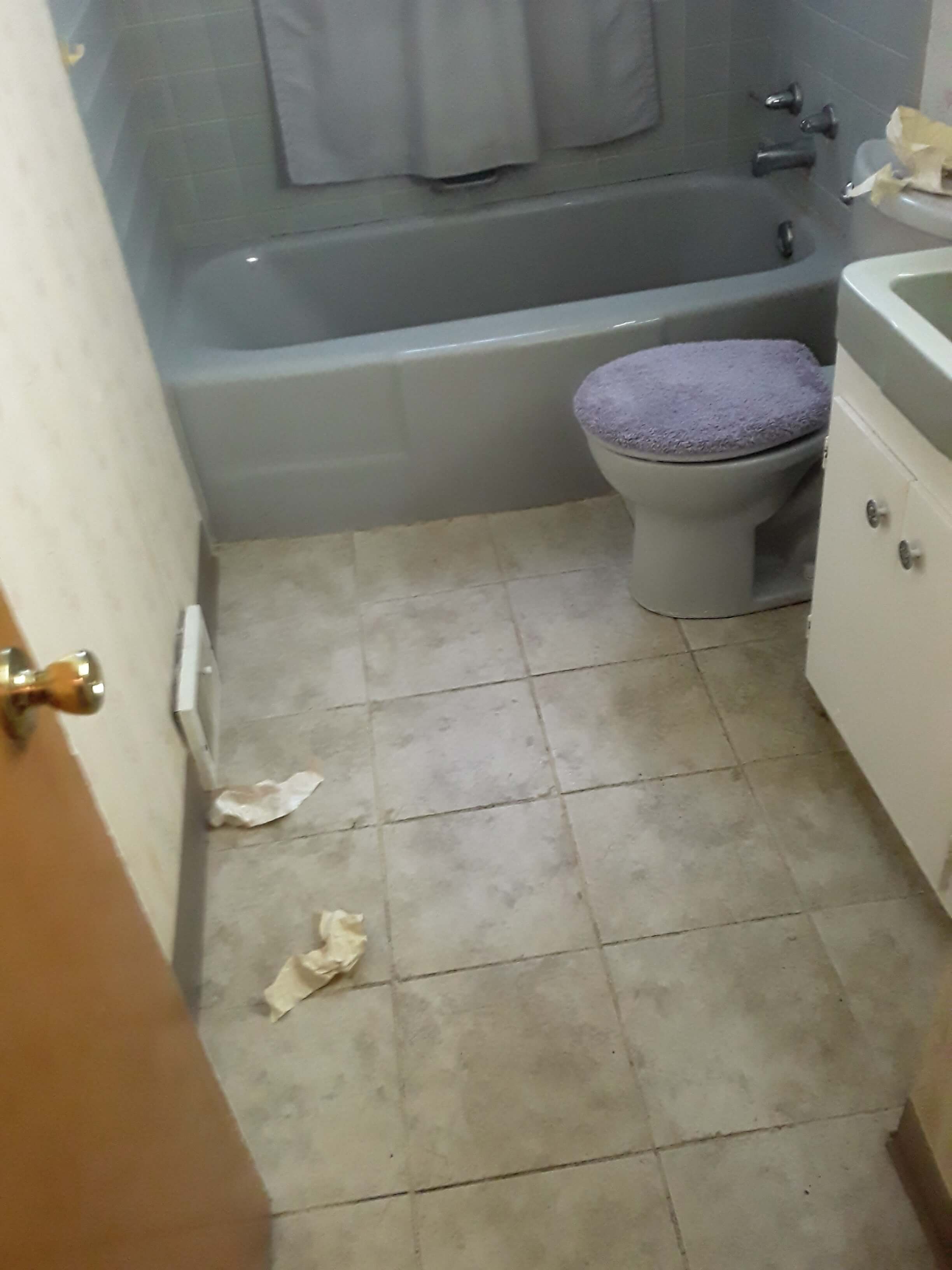 Outdated bathroom before Renovation in Akron featuring purple tub and toilet fixtures.