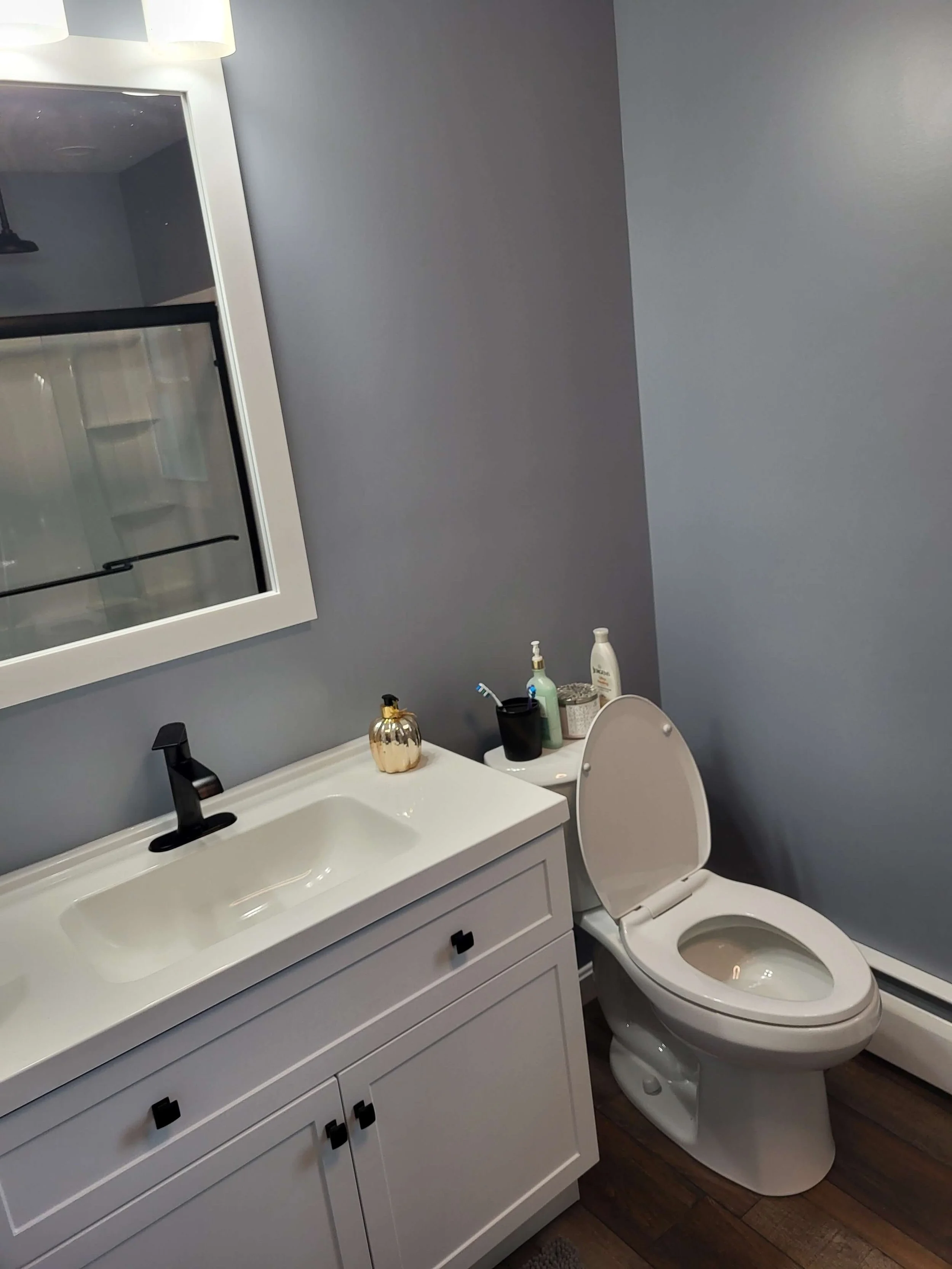 Modern white bathroom vanity with black hardware and toilet replacement by DLR Construction in Stow Ohio.