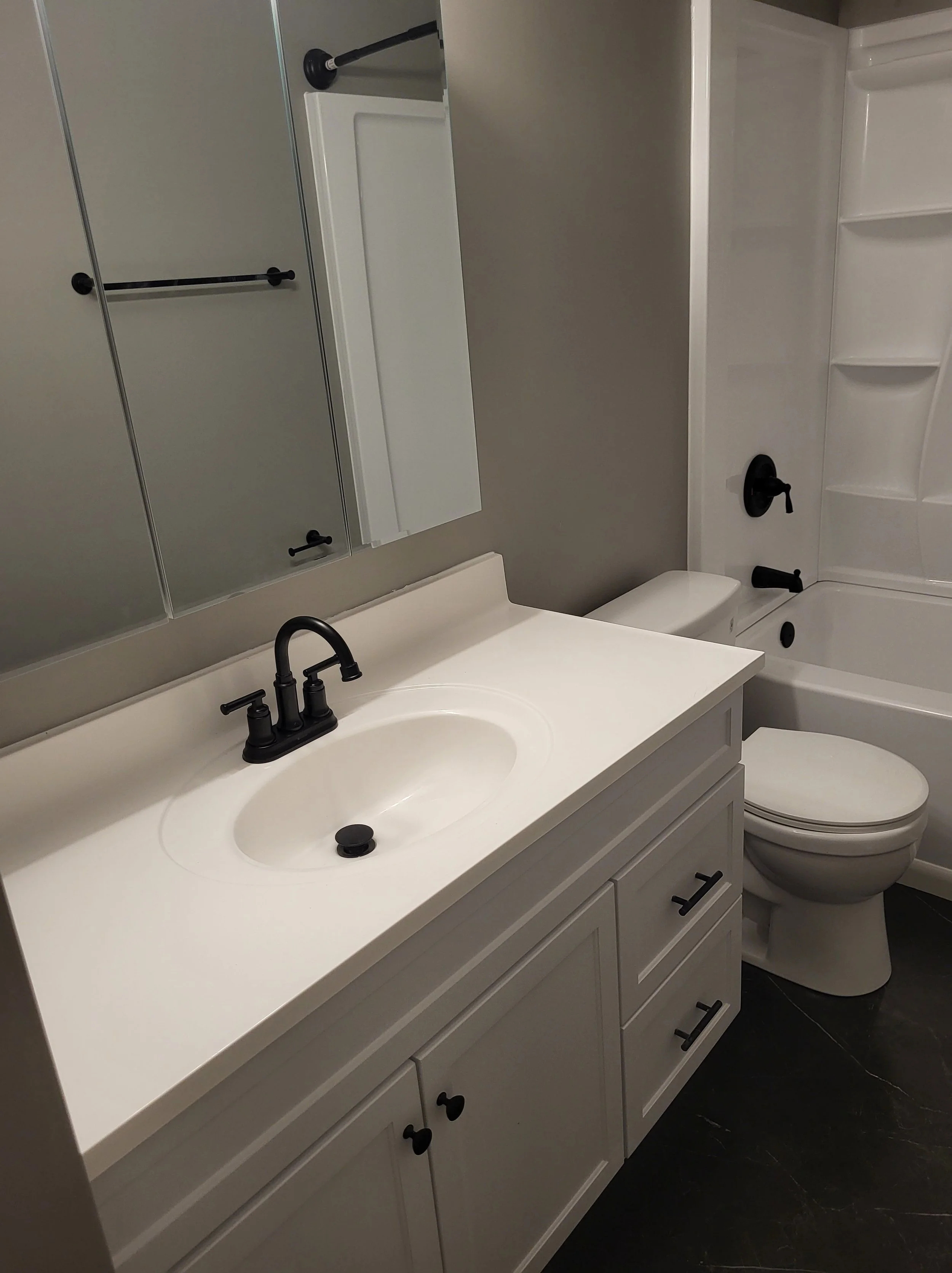 New Vanity & Sink Installation. New Mirror and Toilet Installation. with Matching accessories 