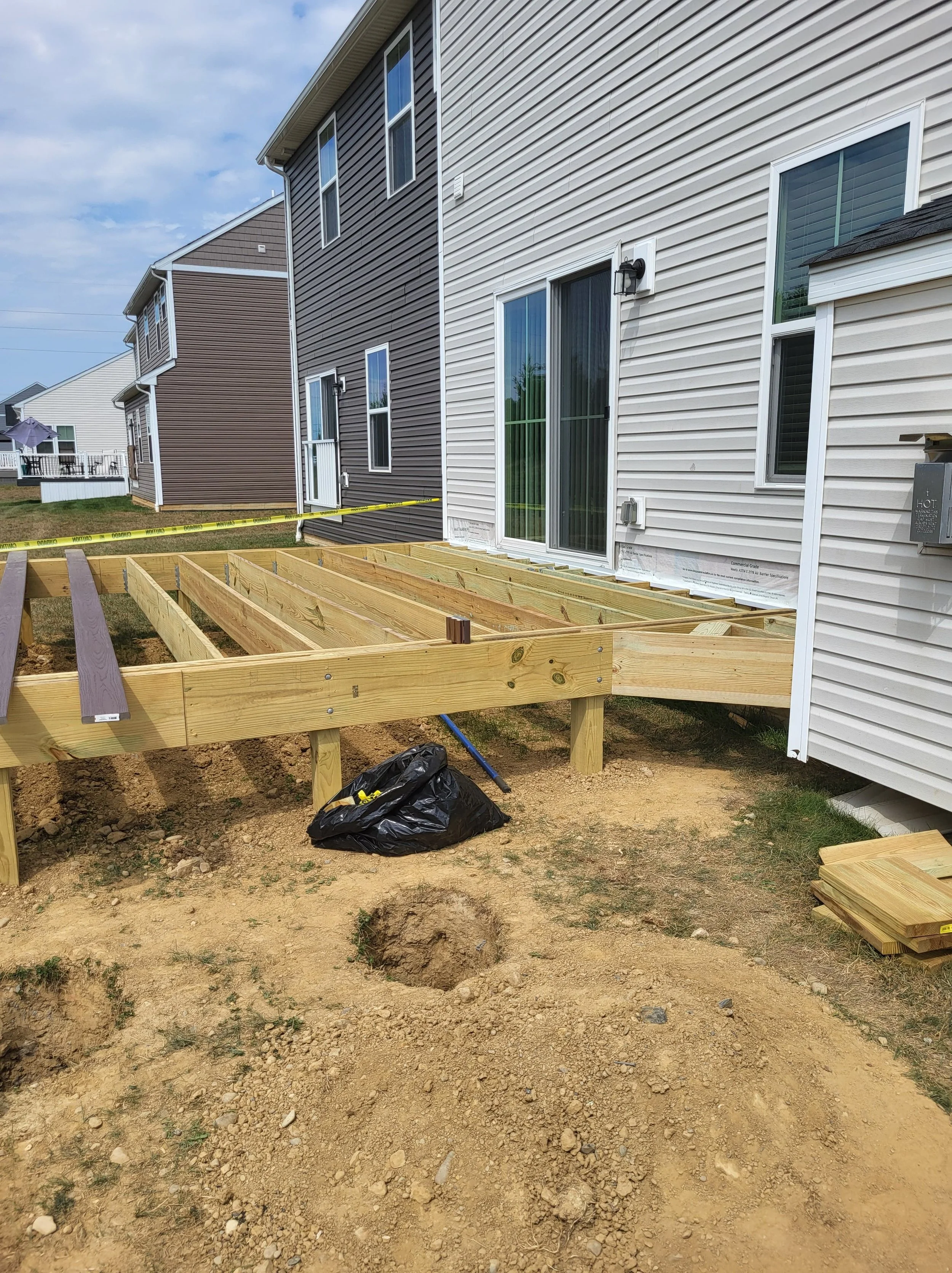 Deck Construction/ Foundation, Rim boards, Support beams, Joists. 
