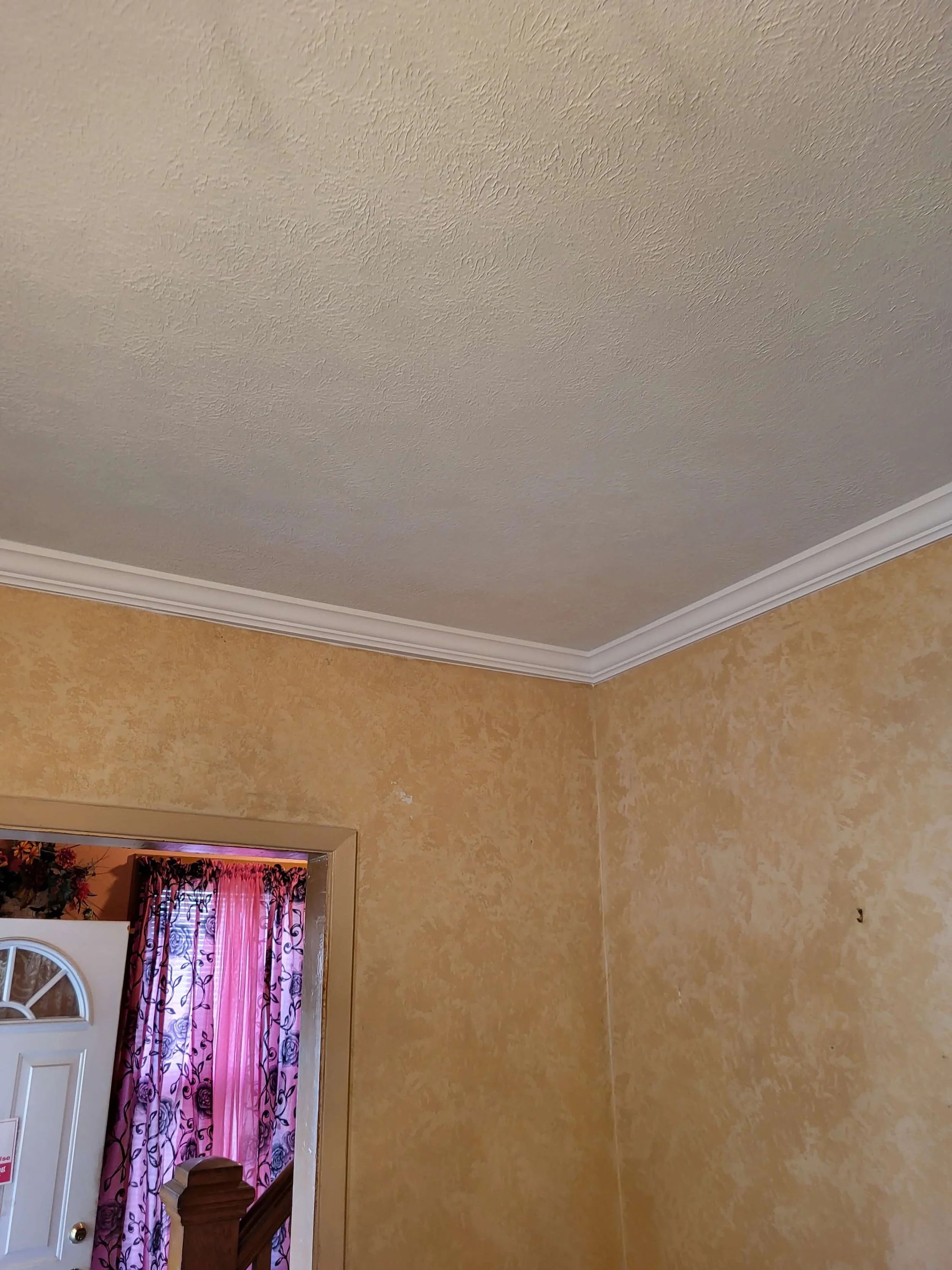 Textured ceiling painting and custom crown molding installation by DLR Construction in Hudson, Ohio.