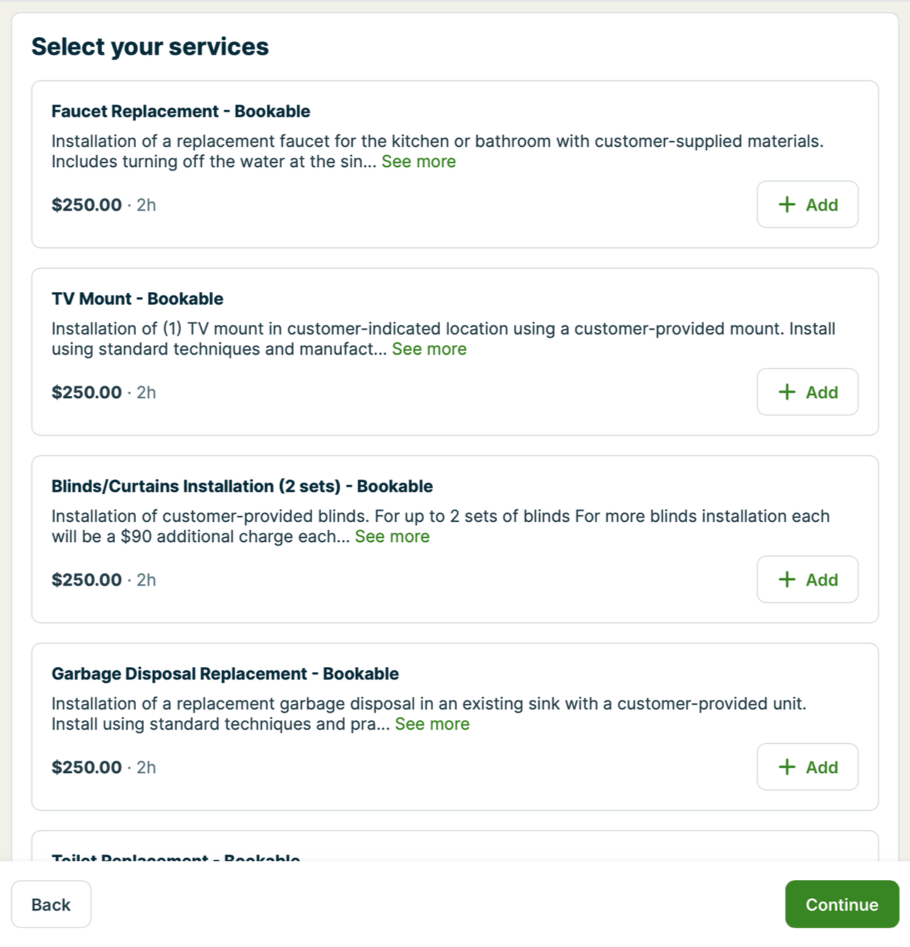 Screenshot of a service selection webpage with options for faucet replacement, TV mount, blinds/curtains, and garbage disposal replacement, each priced at $250, with 'Add' buttons and a 'Continue' button at the bottom.