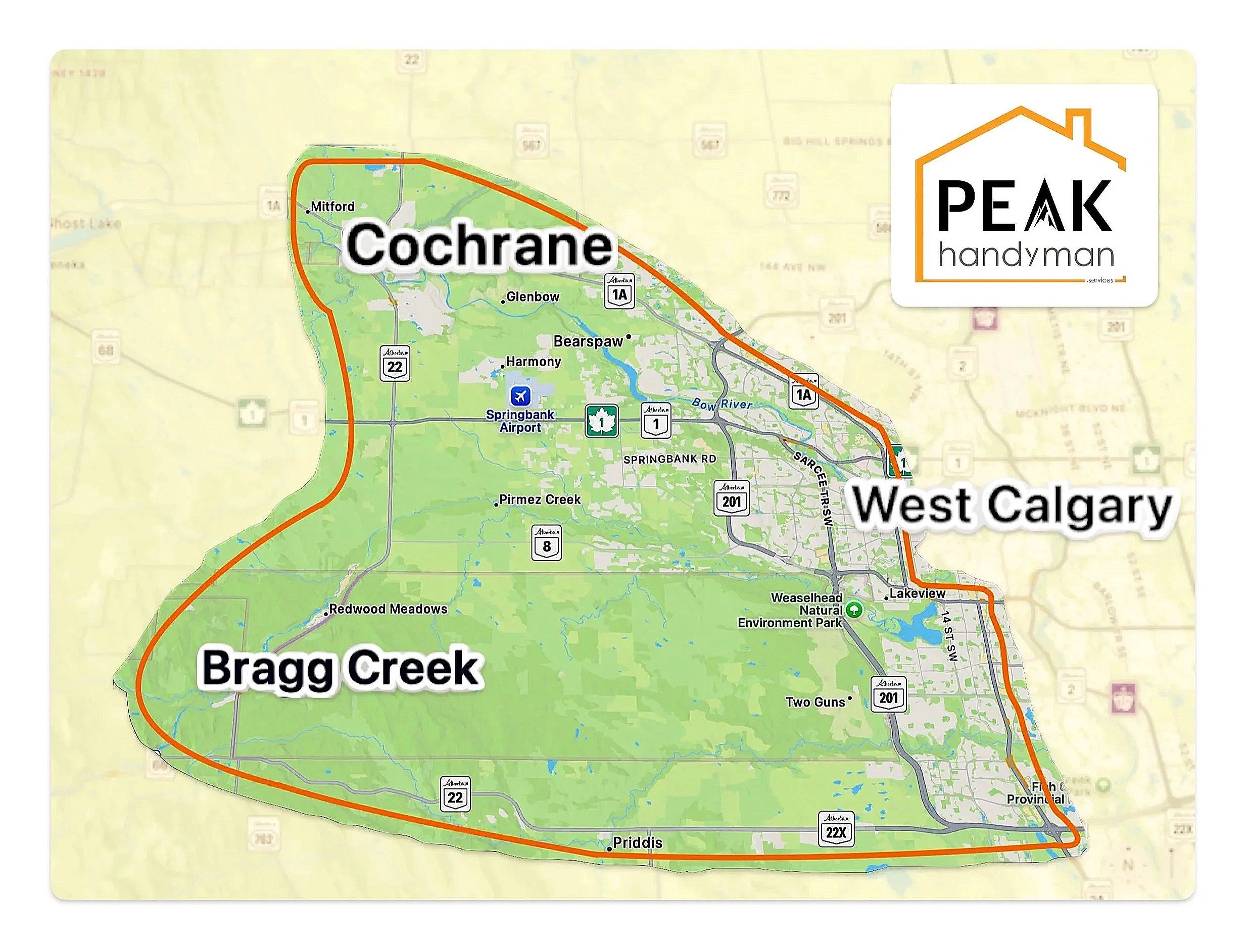 Services area offered by PEAK Handyman in Bragg Creek, Cochrane and West Calgary