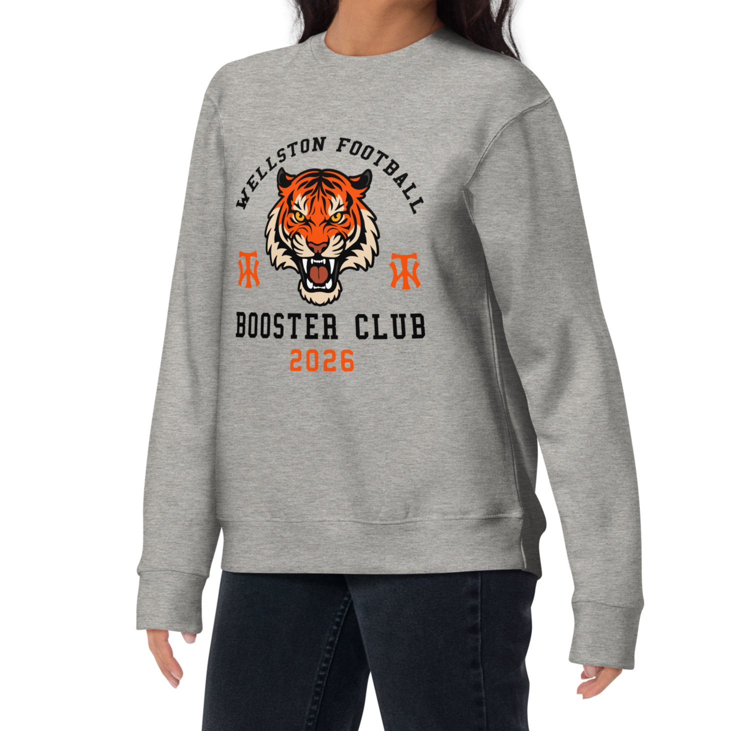Gray sweatshirt with a graphic of a tiger's face, text 'Wellston Football,' 'Booster Club,' and '2026' in black and orange colors.