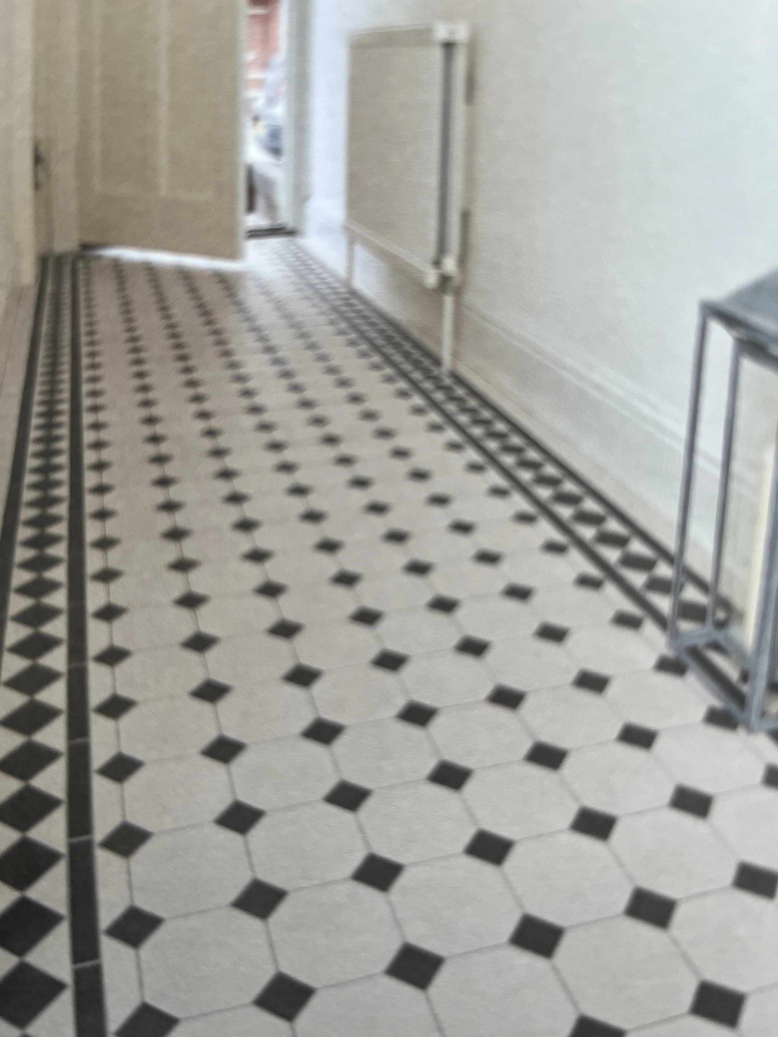 A hallway with black and white patterned tile floor, leading to a door at the far end.