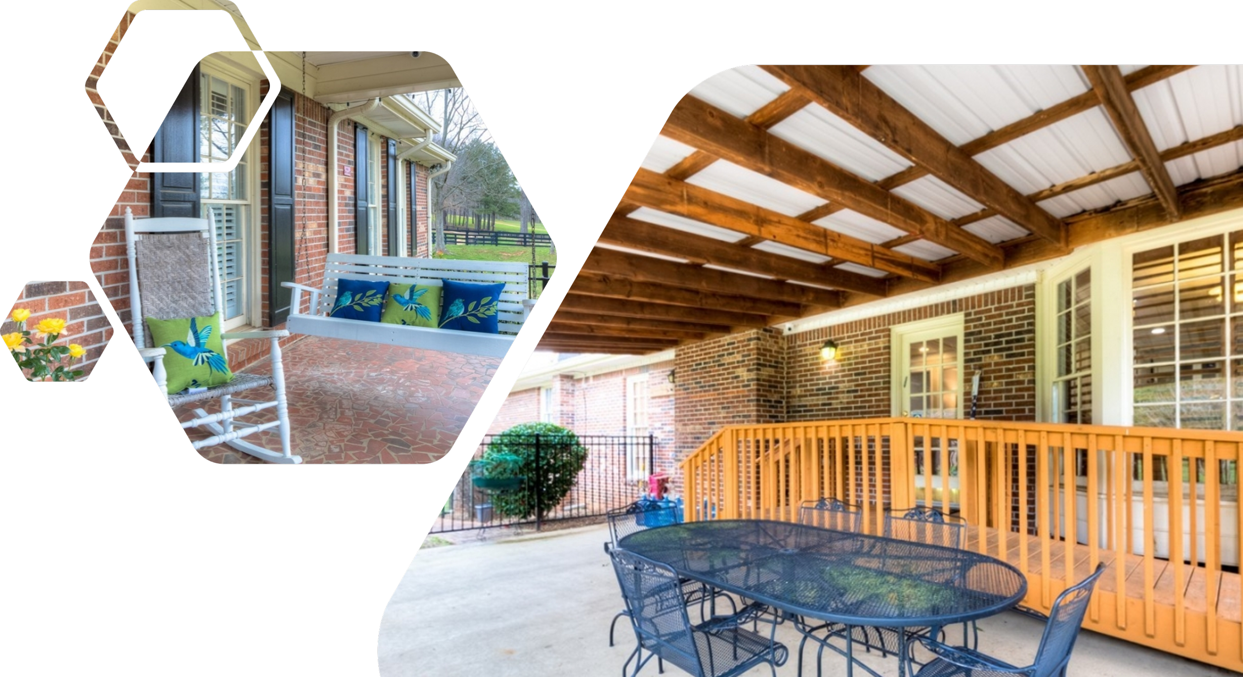 Milton Grace Senior Living Home - a brick porch with a white bench and colorful pillows, and a covered patio with a black metal table and chairs, featuring a wooden ceiling and brick walls.