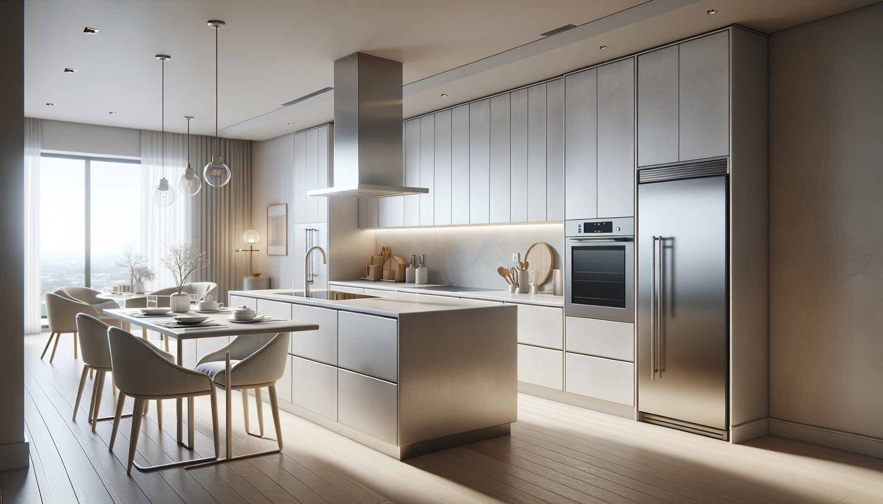 Modern kitchen with white cabinets, stainless steel refrigerator, oven, and a kitchen island with a sink, dining table with beige chairs, and large windows with curtains letting in natural light.