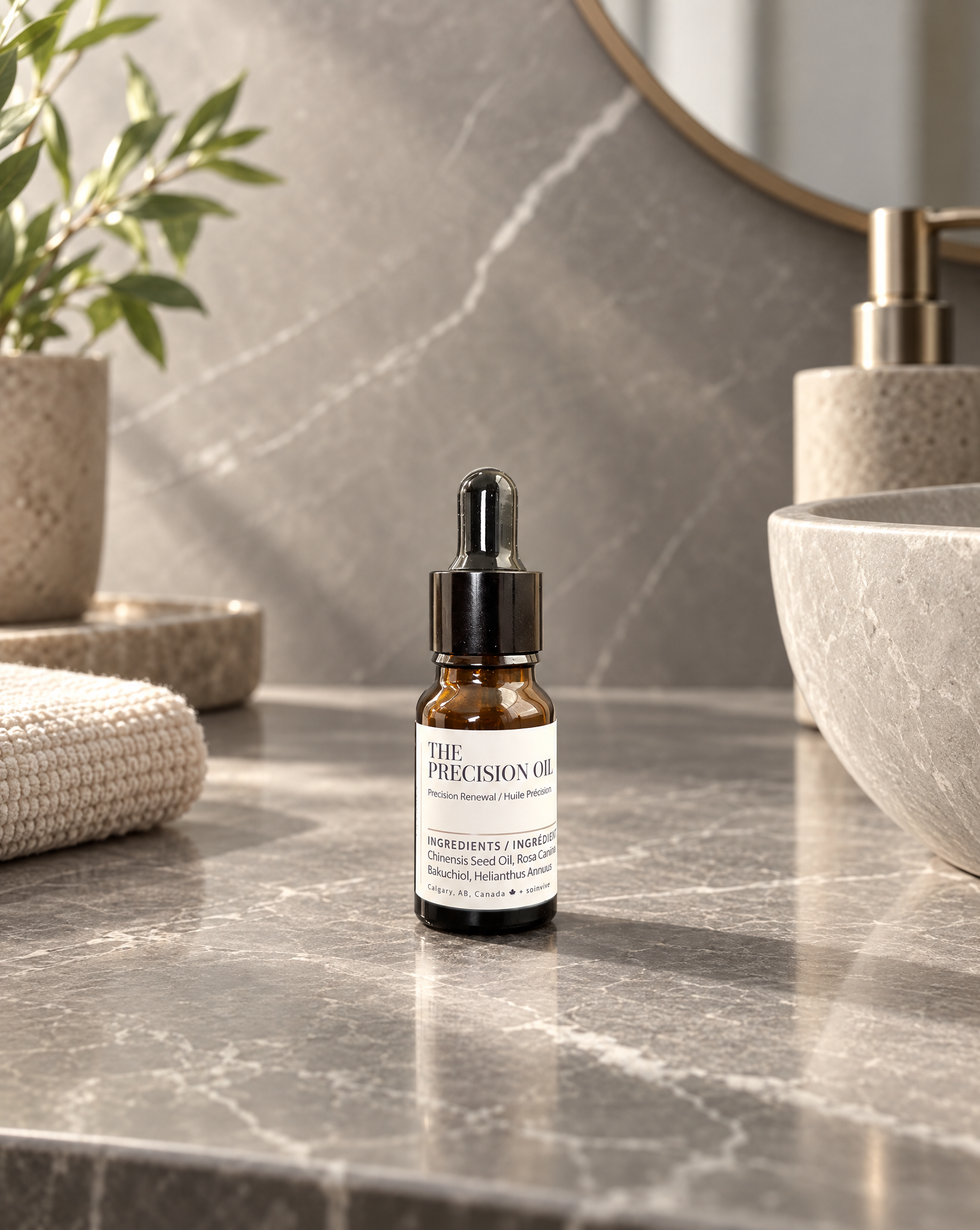 The Precision Oil on a beautiful stone bathroom vanity with soft side lighting .png