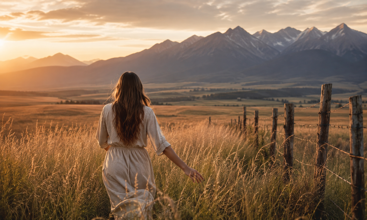 Walking through a field toward the mountains