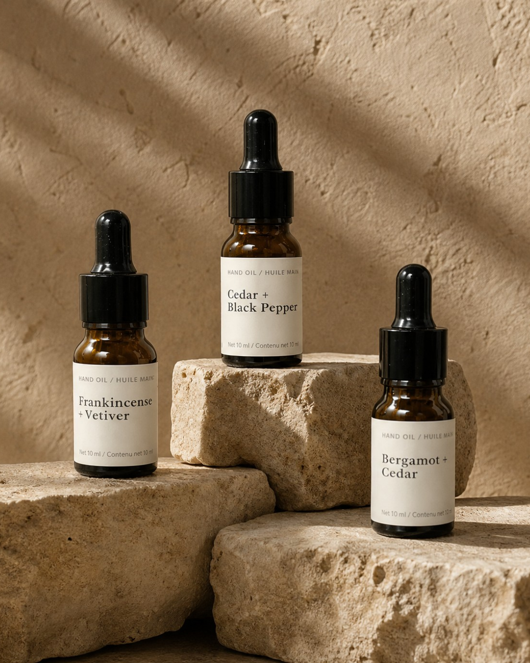 Scented Hand Oil Collection - Frankincense + Vetiver · Cedar + Black Pepper · Bergamot + Cedar