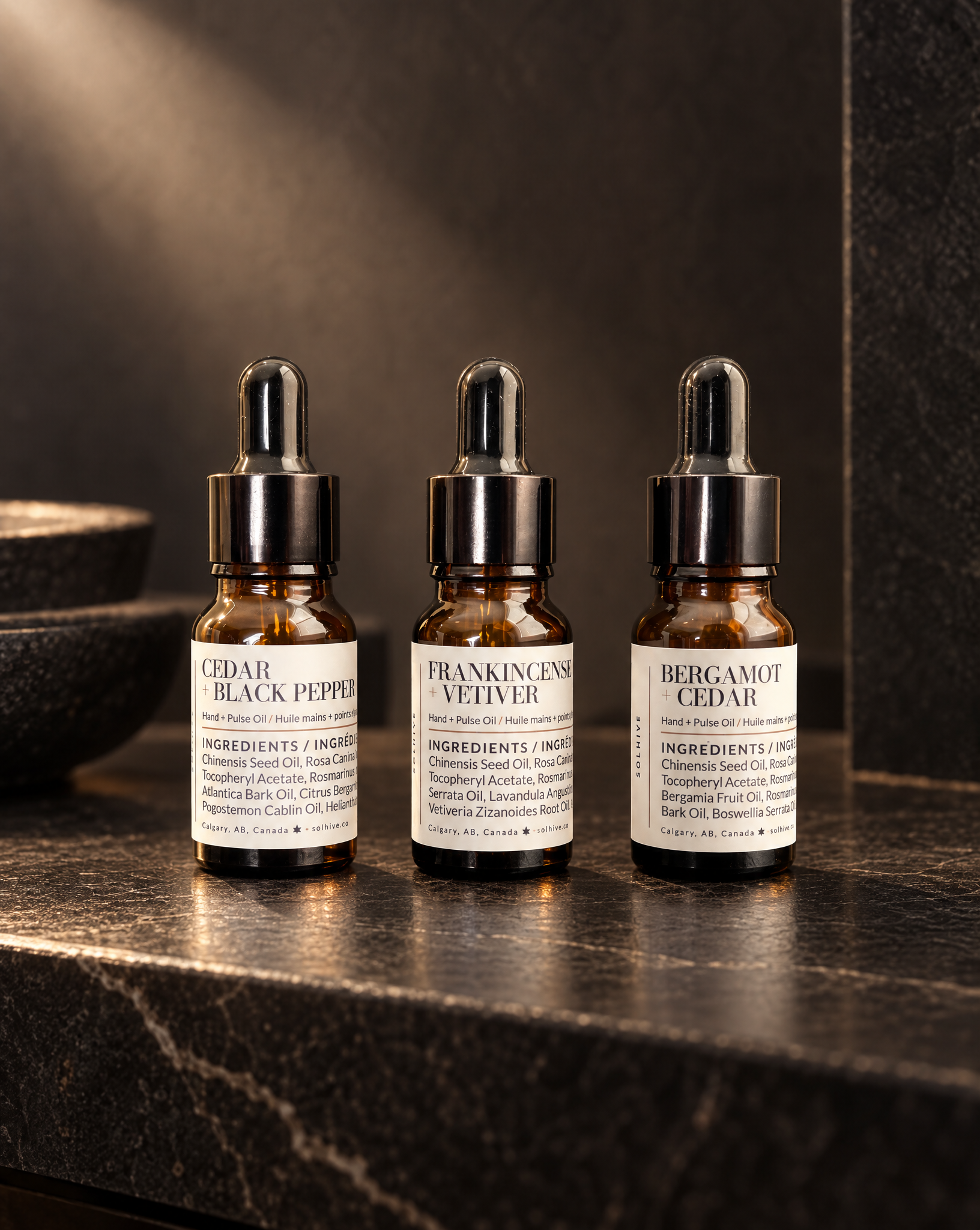 Scented Hand Oil Collection - Frankincense + Vetiver · Cedar + Black Pepper · Bergamot + Cedar