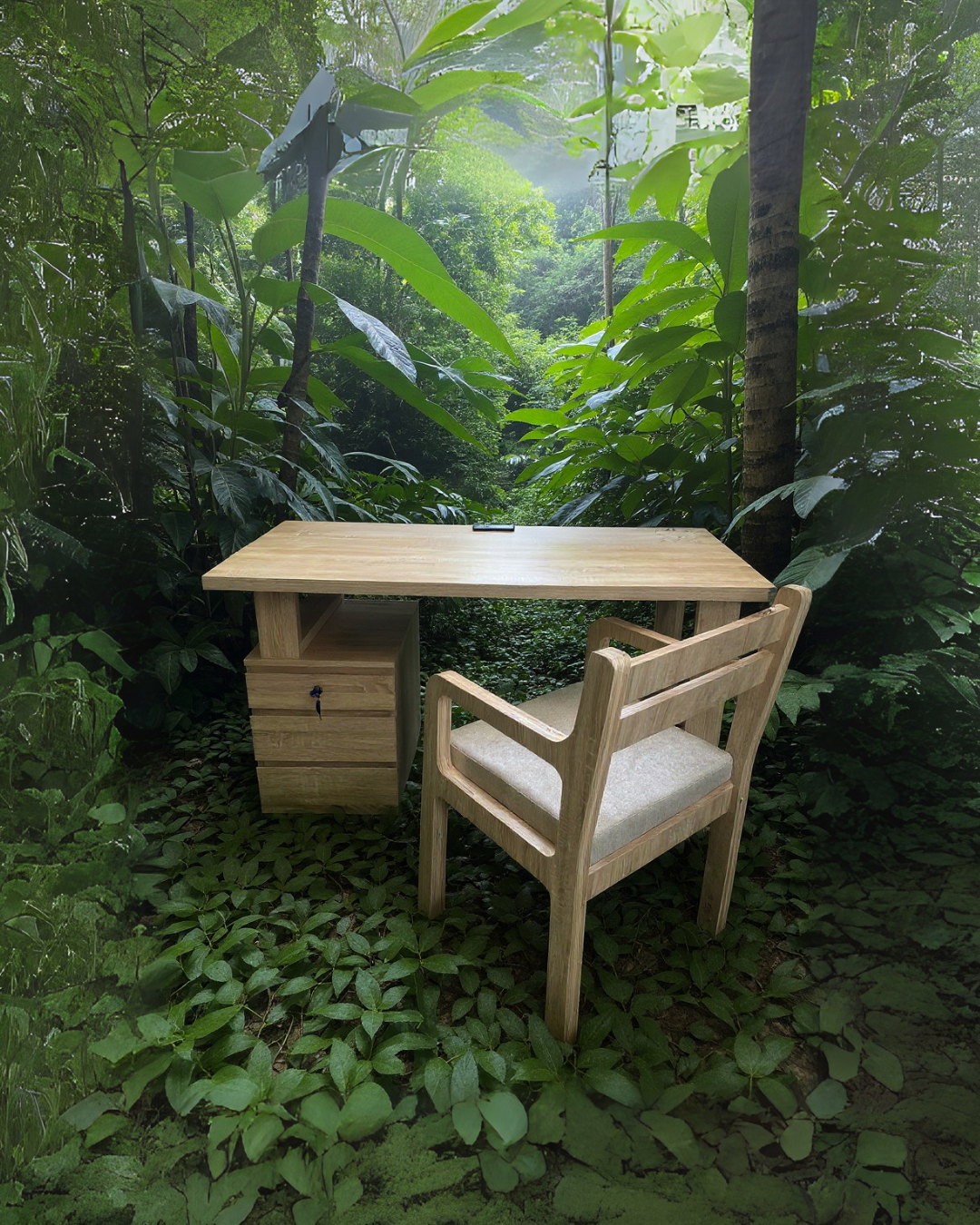 Un bureau en bois avec une chaise dans une forêt tropicale dense. sheznou