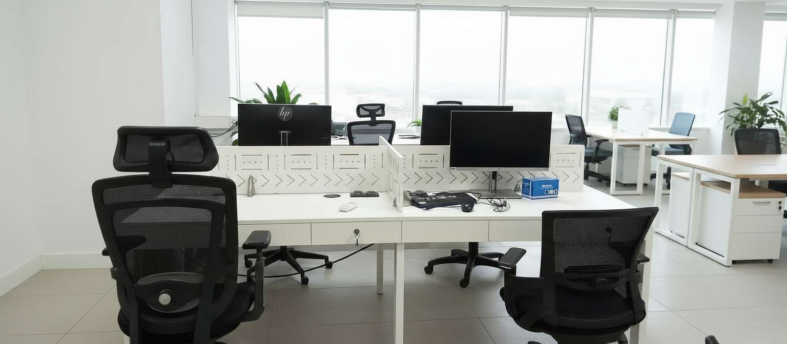 Bureau moderne avec quatre chaises ergonomiques, deux écrans d'ordinateur, plusieurs plantes en pot et une grande fenête laissant entrer beaucoup de lumière