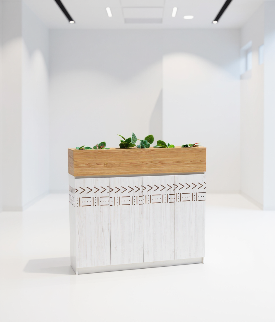Un comptoir en bois dans un espace minimaliste blanc avec des plantes vertes sur le dessus. sheznou