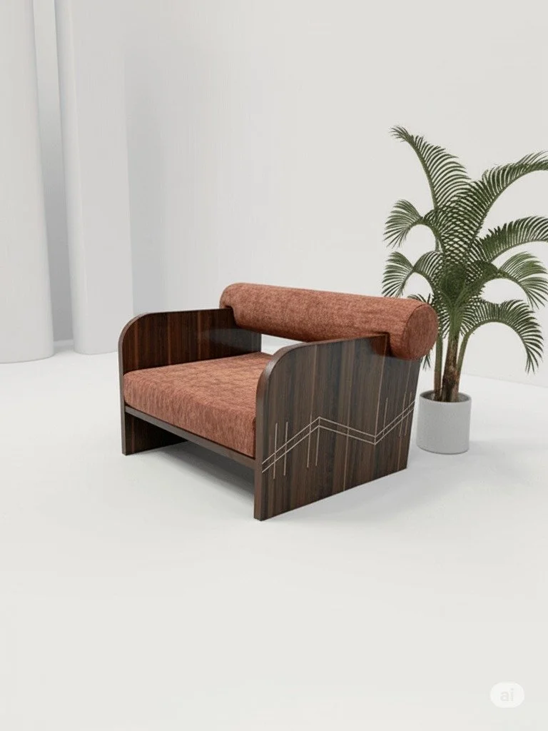 Un fauteuil en bois avec un coussin et un dossier rembourré, placé à côté d'une grande plante verte dans un espace minimaliste. sheznou