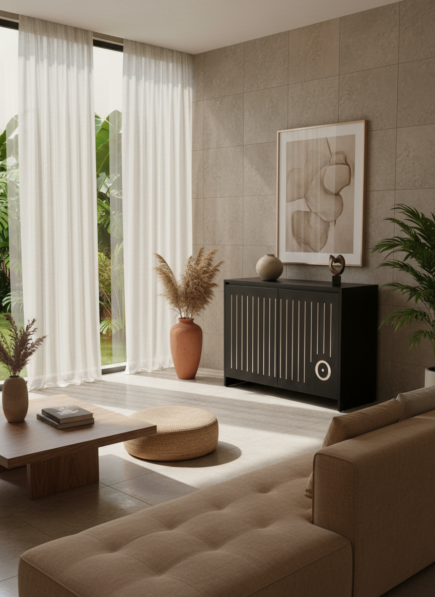 Salon moderne avec canapé beige, table en bois, plantes en pot, peinture abstraite, voilage blanc, intérieur lumineux.