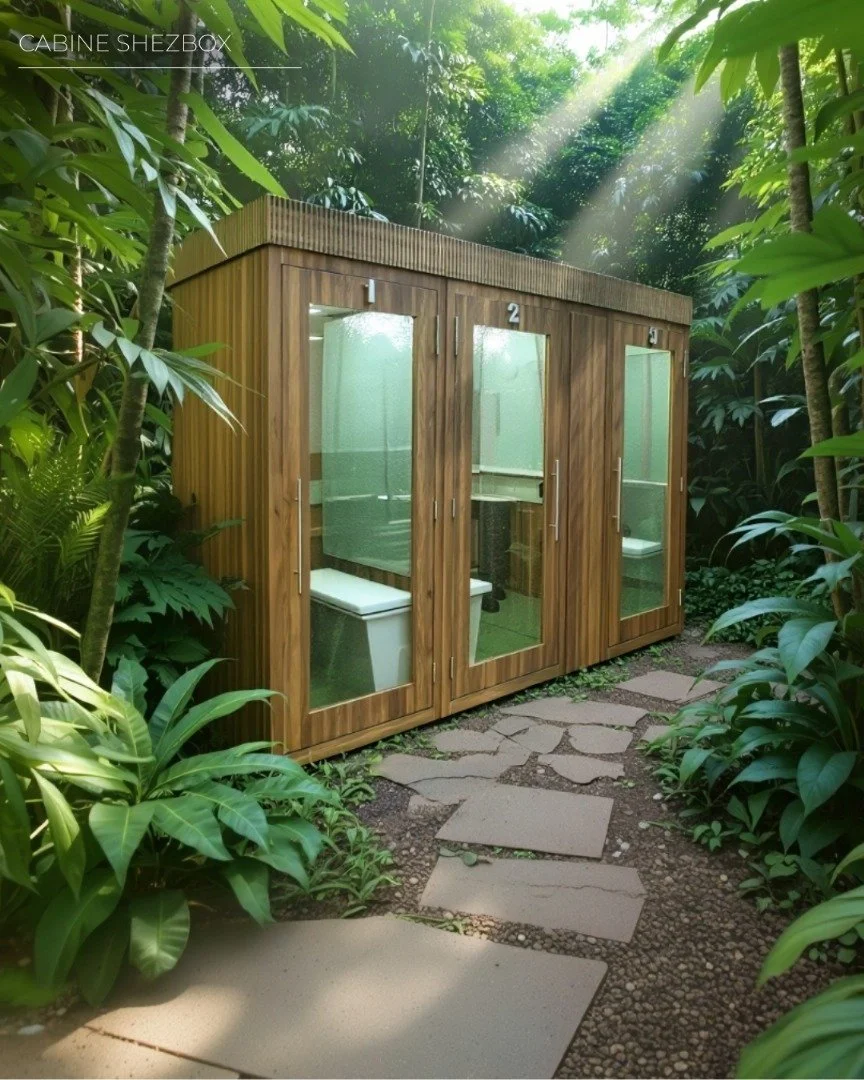 Une cabine en bois située dans une forêt luxuriante, avec trois portes en verre et un chemin de pavés en pierre menant à l'entrée. sheznou