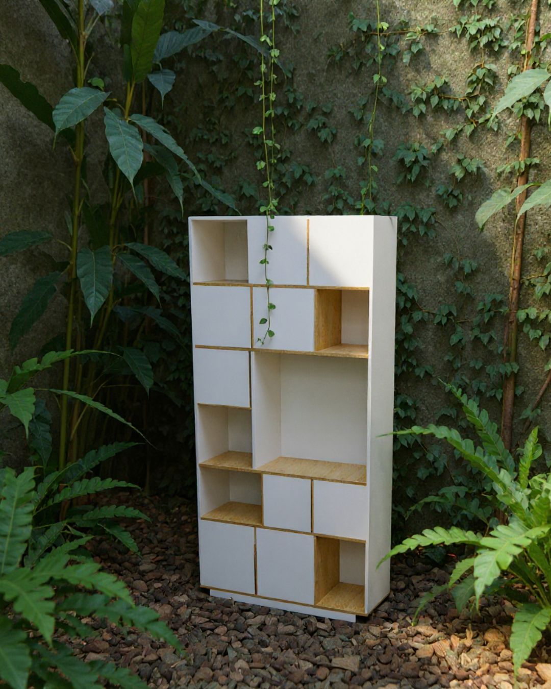 Une étagère blanche en bois avec des compartiments de différentes tailles, située dans un jardin entouré de verdure et de pierres au sol. sheznou