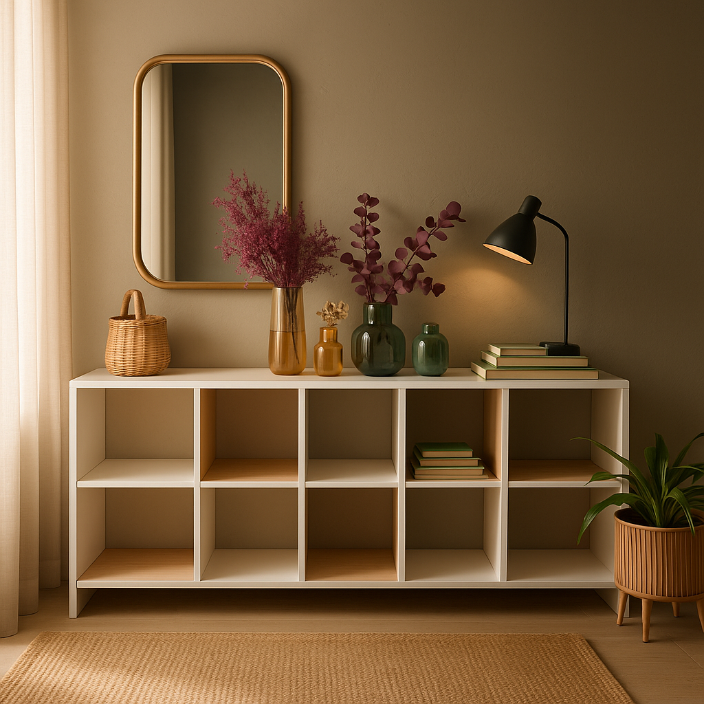 Un meuble blanc avec plusieurs compartiments vides, décoré de vases de divers formats contenant des branches et des fleurs séchées, un miroir rectangle avec bord en bois, une lampe de bureau noire, des livres, une plante verte en pot, dans une pièce lumineuse avec un tapis beige.