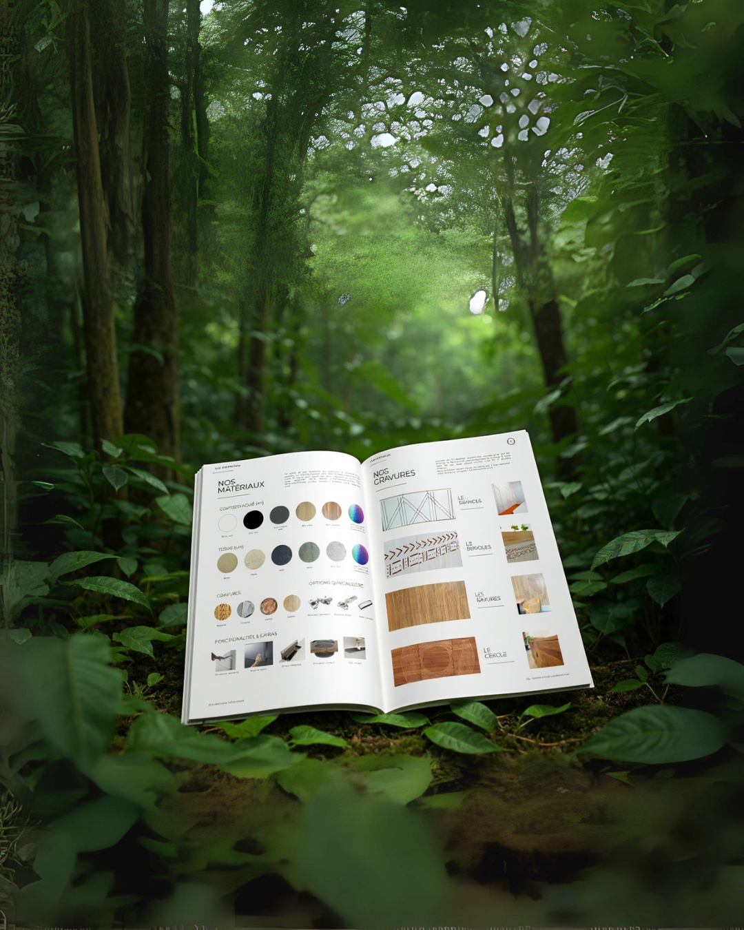 Un livre ouvert posé sur la végétation dans une forêt dense et verdoyante. sheznou