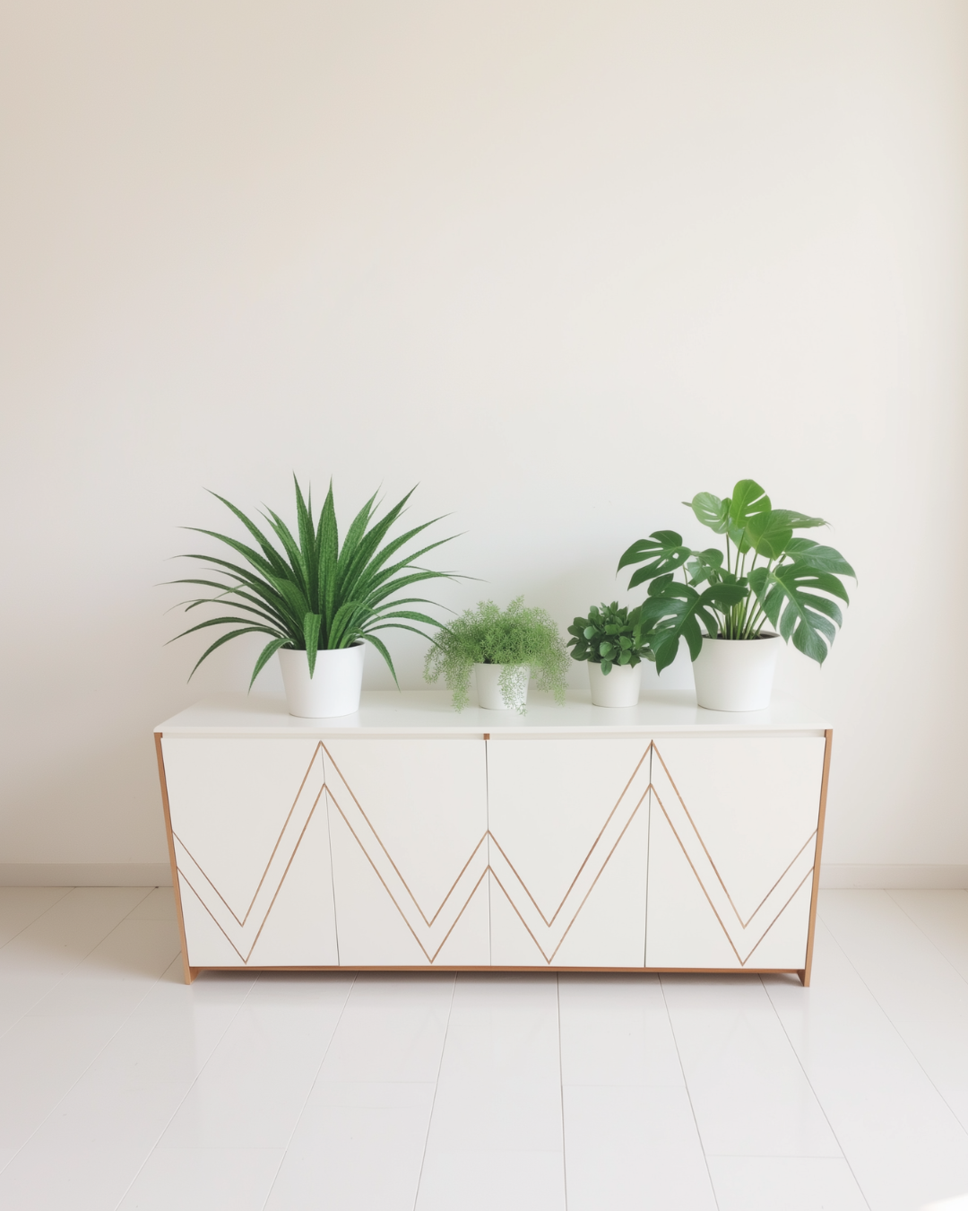 Quatre plantes vertes dans des pots blancs sur une enfilade blanche avec des motifs géométriques sheznou