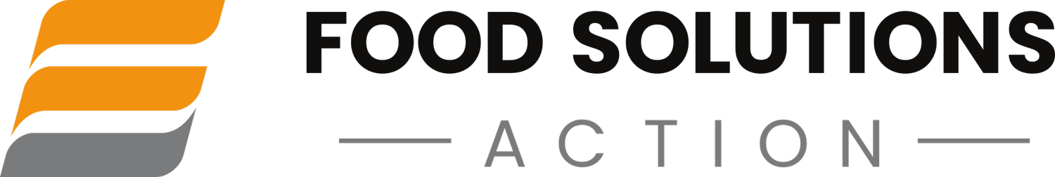 Graphic with black, orange, and gray design elements and text that reads "Food Solutions in Action".