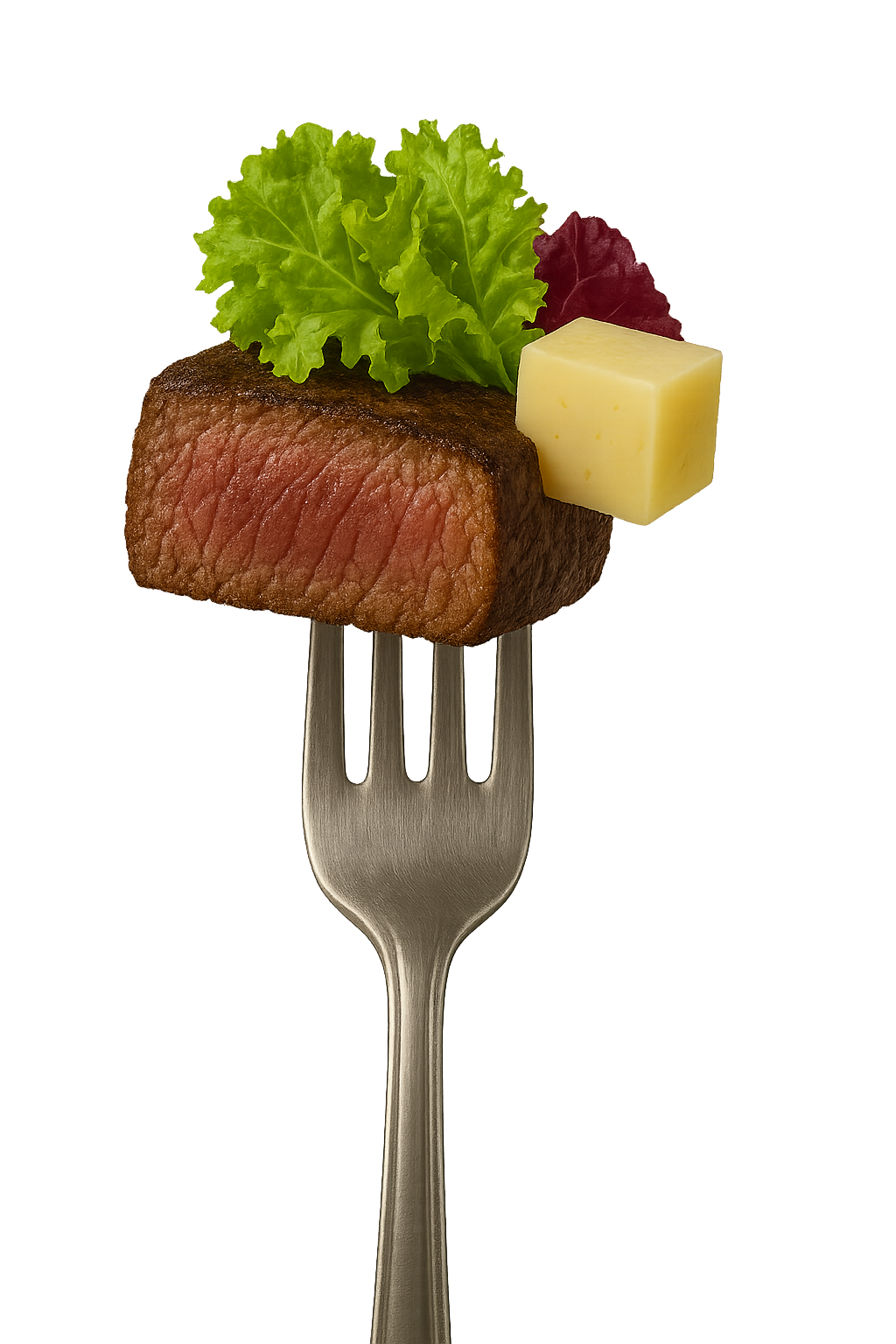 A close-up of a piece of cooked beef steak on a fork, garnished with leafy lettuce and a small cube of cheese, with a black background.
