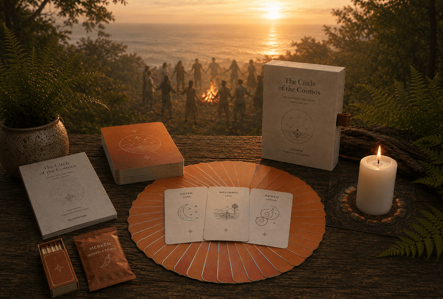 Ein spirituelles Kartenset namens 'The Circle of the Cosmos' von Jeannette Kado, eine Kerze und einem Booklet auf einem Holztisch. Im Hintergrund tanzen Menschen im Kreis um ein Feuer, während der Sonnenuntergang am Himmel leuchtet.