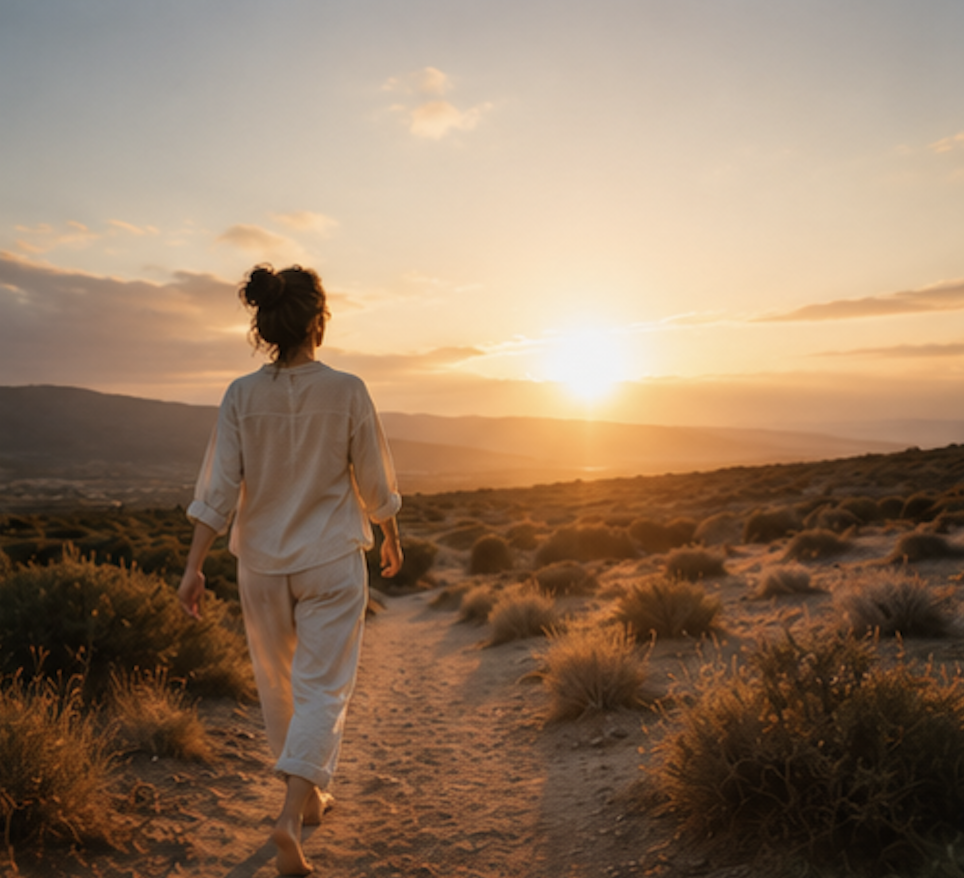 A woman runs barefoot into the sunrise