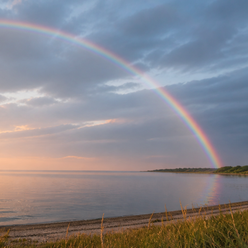 Ein Regenbogen erscheint am Himmel über einem See bei Sonnenuntergang, mit grauen Wolken im Hintergrund.