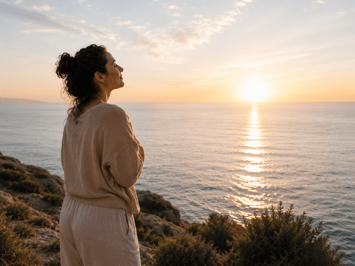Frau schaut im Sonnenaufgang aufs Meer