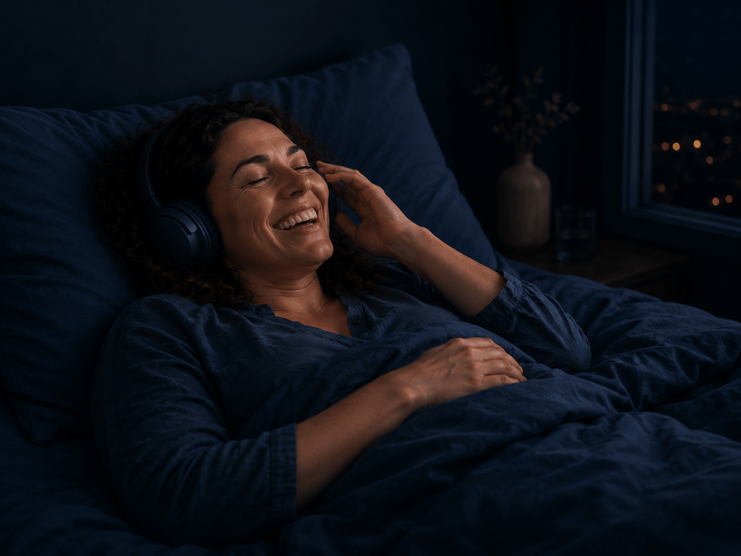 Frau liegt im Bett und lacht