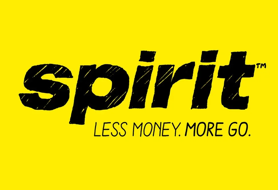 Yellow background with black text reading "spirit" and a slogan "Less money. More go.".