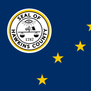 Flag of Hawkins County featuring a partial view of the county seal on a blue background with yellow stars