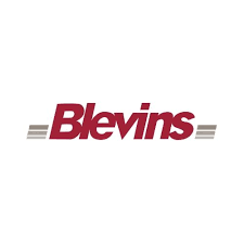 Blevins logo with maroon text and gray stripes on a white background