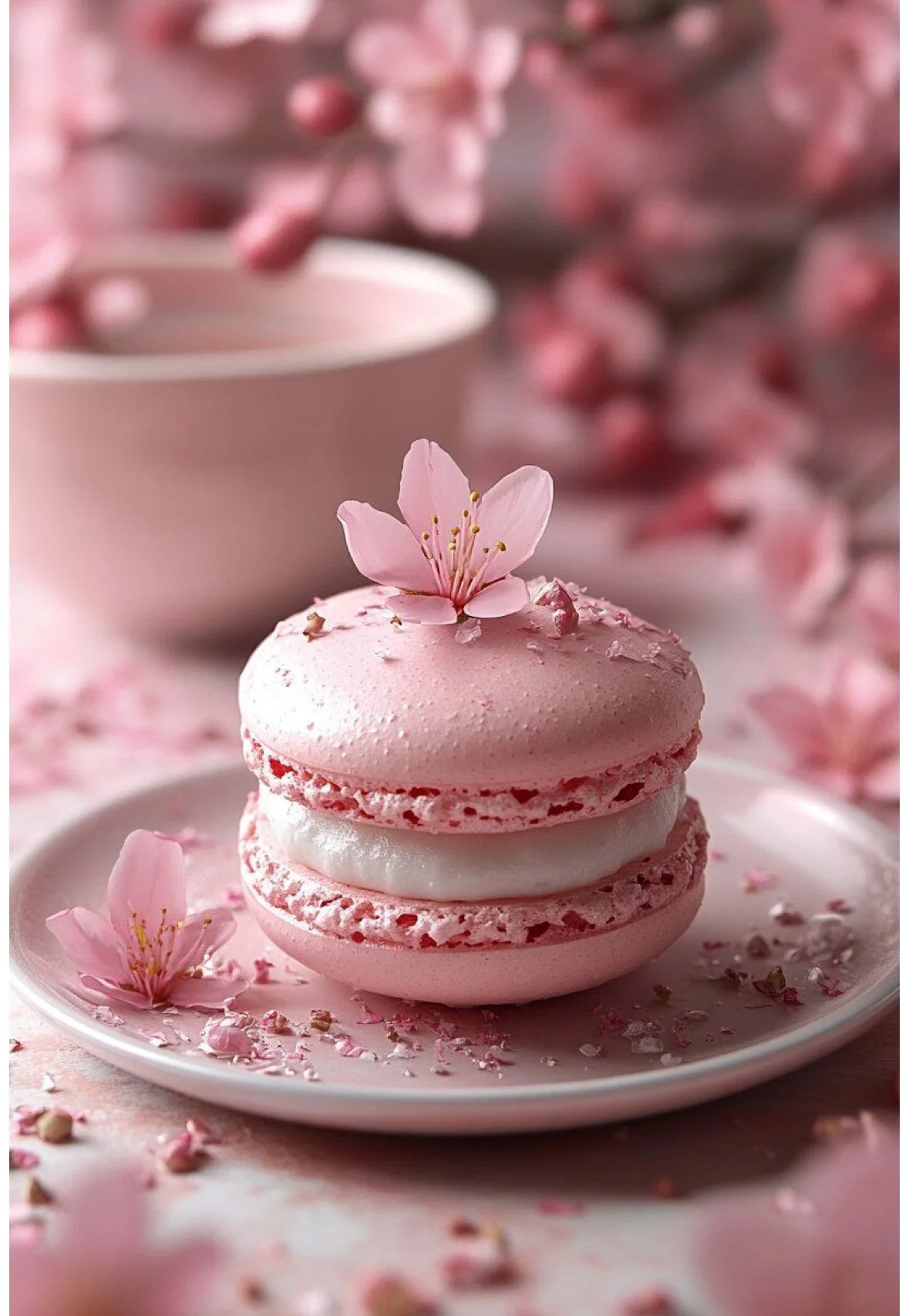 Un macarón rosado decorado con una flor de cerezo en la parte superior, sobre un plato blanco con más flores de cerezo alrededor, en un fondo difuso con pétalos y flores de cerezo.