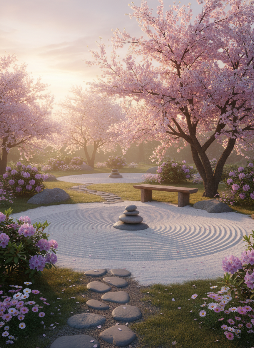 Een Japanse zen-tuin in de lente met pinke kersenbloesembomen, een zandtuin met een rotsinrichting en een houten bank, omgeven door bloemborders en grote keien, bij zonsondergang. Therapie in Arnhem, Verandering, Persoonlijke ontwikkeling, groei.