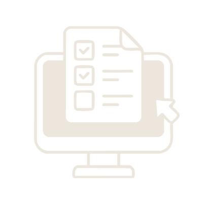 Outline of a computer monitor displaying a checklist form with checkmarks and a cursor pointing to the list.