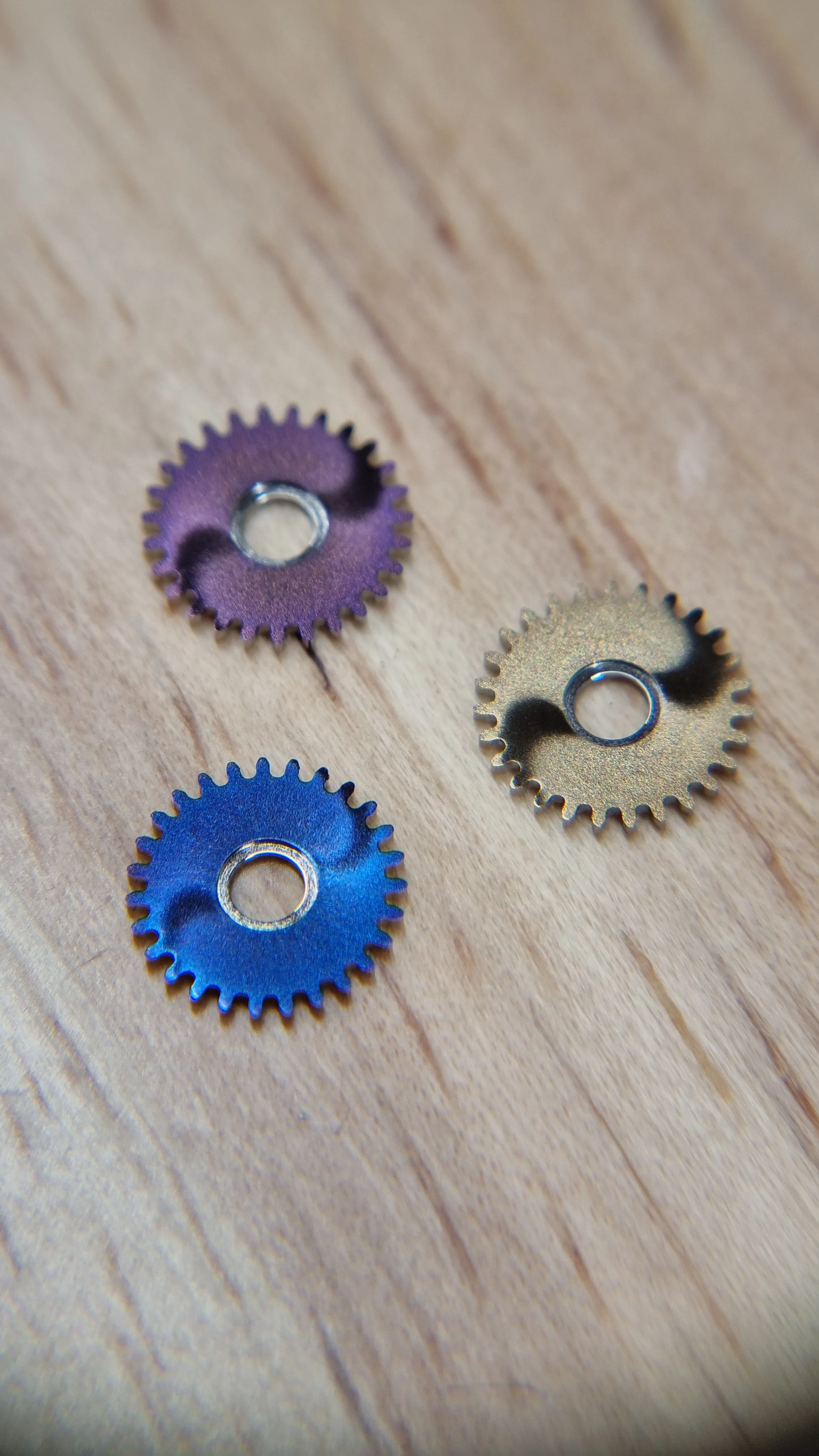 Heat blued and snailed crown wheels