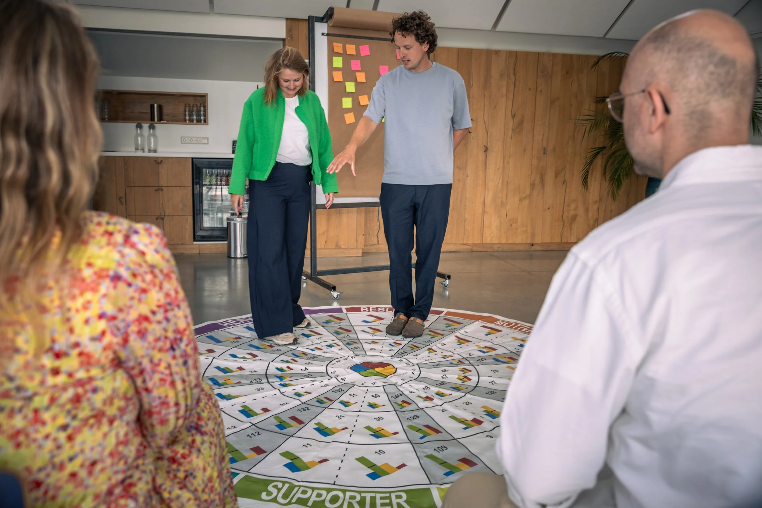 Mannen en vrouwen die op een kleurrijk bord zitten en elkaar ondersteunen tijdens een groepsactiviteit in een vergaderruimte, met een flip-overbord met post-its op de achtergrond.