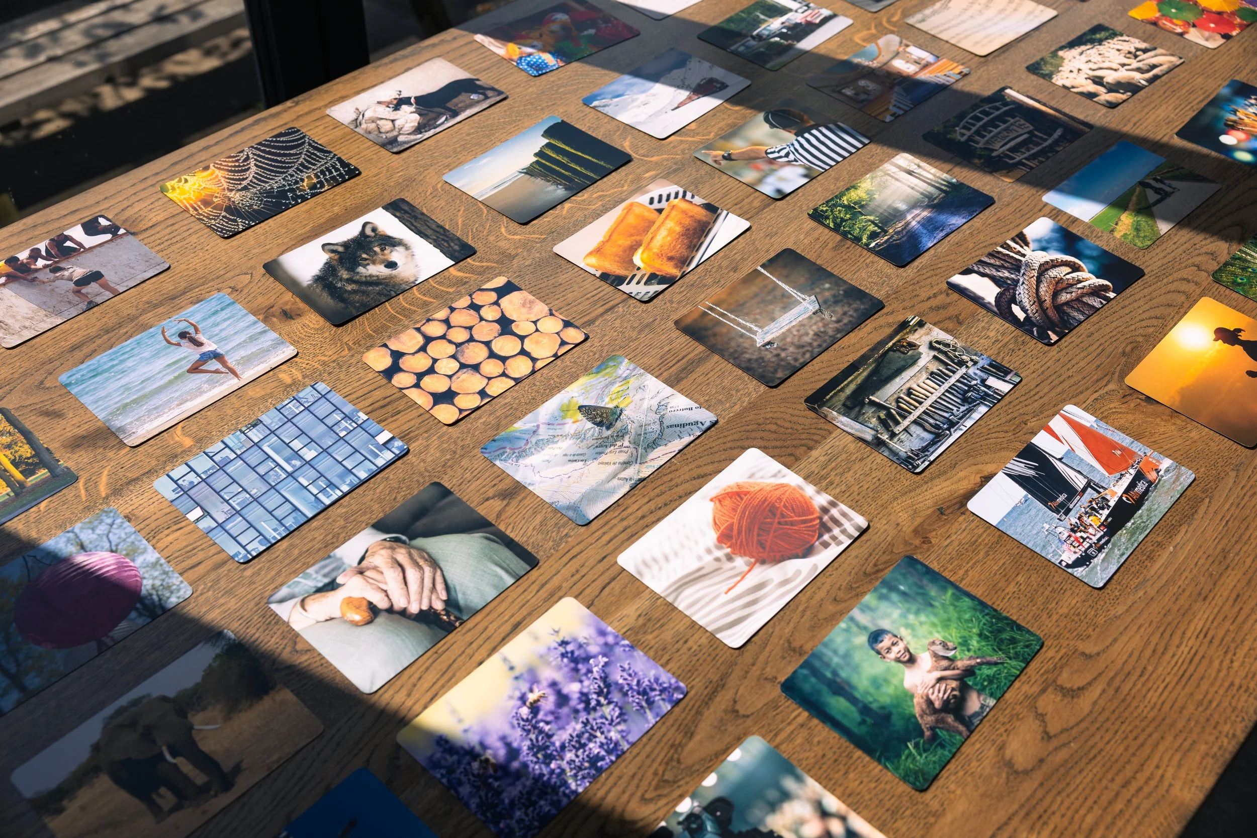 Diverse foto's verspreid over een houten tafel, waaronder landschappen, dieren, mensen en voorwerpen.