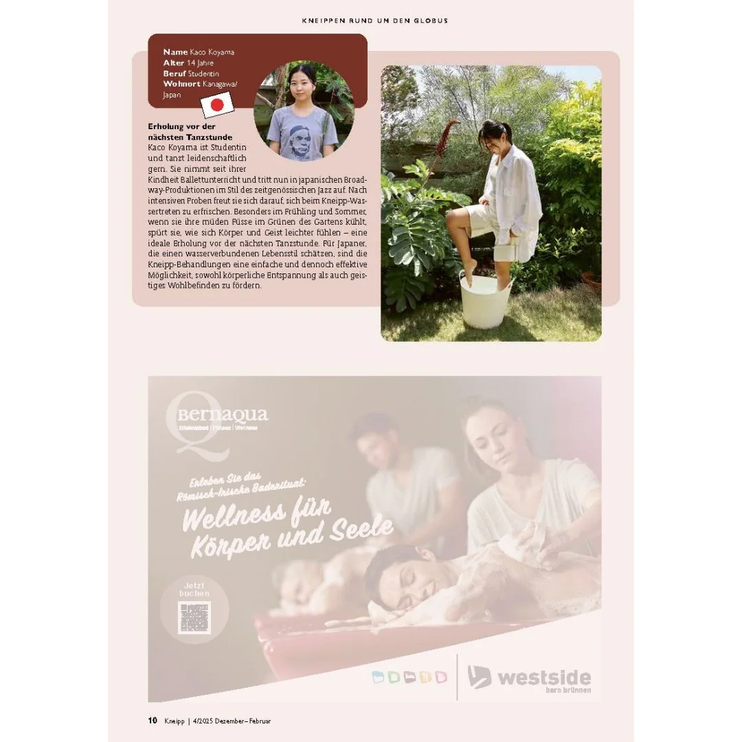 スイス・クナイプ連盟（Swiss Kneipp Verband）の発行する『kneipp nat&uuml;rlich leben』2025年12月号に、私たちの活動が掲載されました。
「Kneipp around the globe」という連載企画で、久保ガブリエレと小山果子が喜んで参加させていただきました。

We appeared in the December edition 2025 of "kneipp nat&uuml;rlich leben" from the
