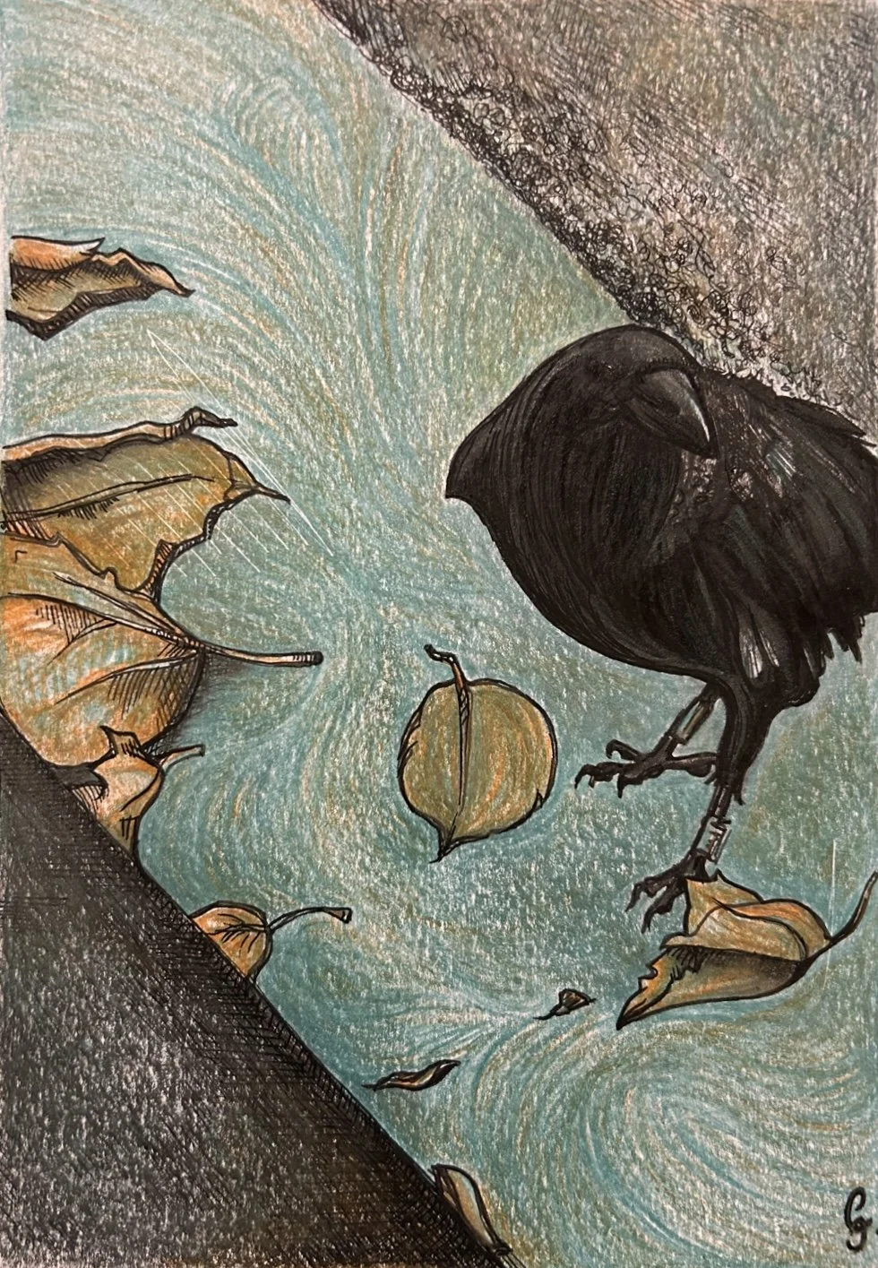 Une illustration d'un corbeau noir perché sur une feuille morte, avec d'autres feuilles tombées autour, dans un style artistique avec des couleurs pastel et un fond swirlé.