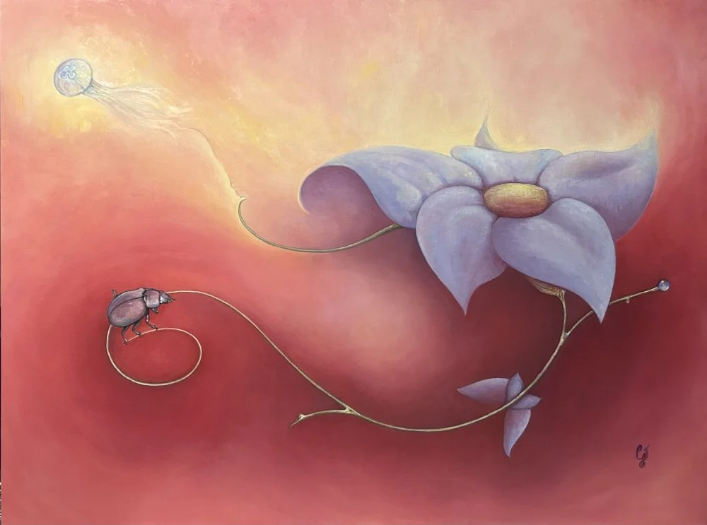 Commande avec carte blanche. Indications : "pas de personnes sur le tableau, j'aime la nature, les fleurs, les oiseaux, les animaux... et les couleurs lumineuses."