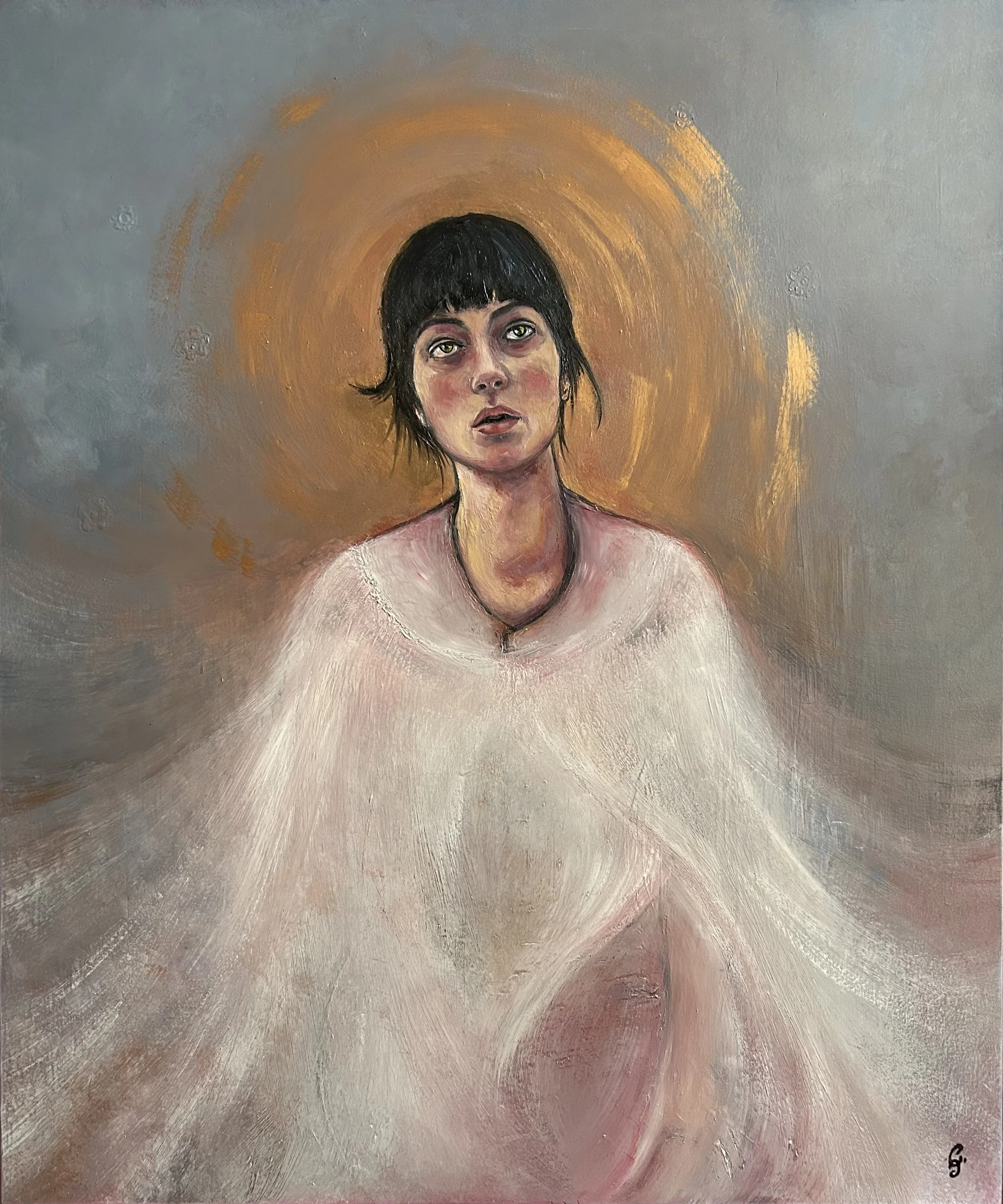 Attendre un miracle, tableau art spirituel, portrait de femme, peinture à l'huile