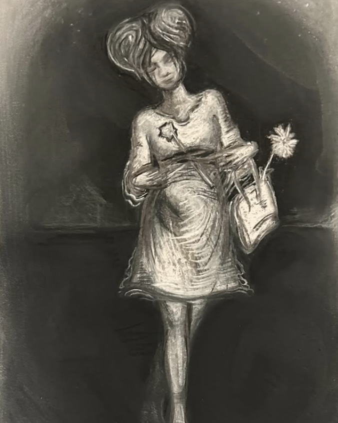 Une illustration en noir et blanc d'une femme avec une grande coiffure, portant une robe à manches longues, tenant un bouquet de fleurs dans une main et un sac dans l'autre.