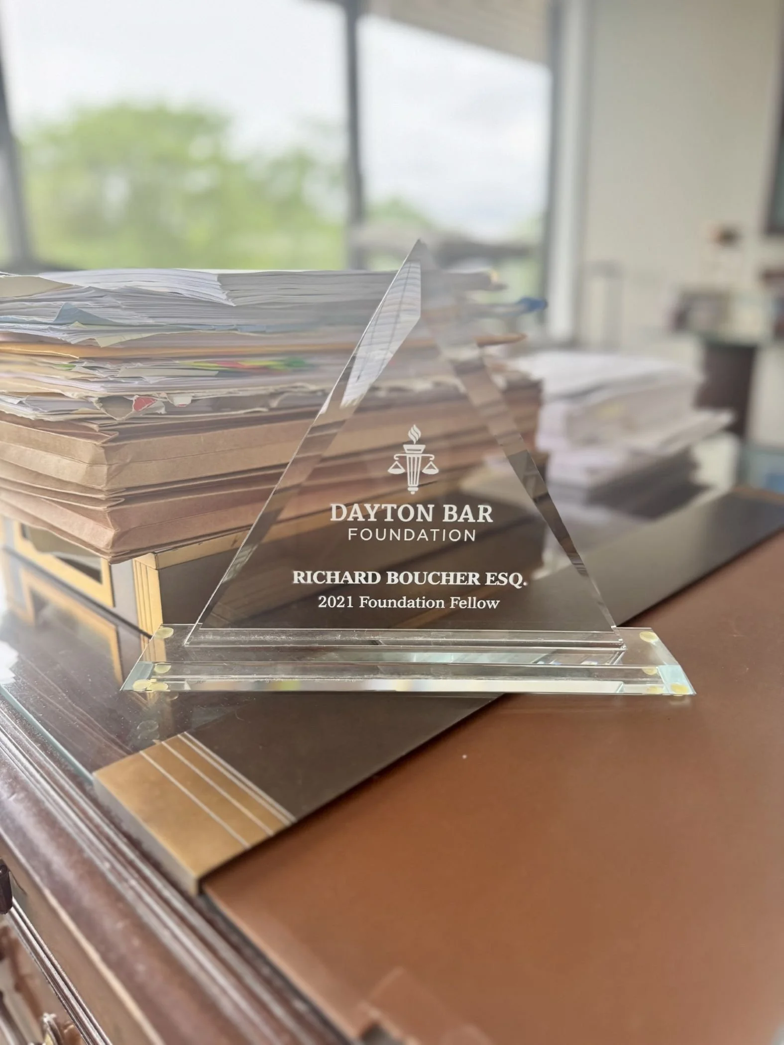 Dayton Bar Association Triangular glass plaque for Richard Boucher
