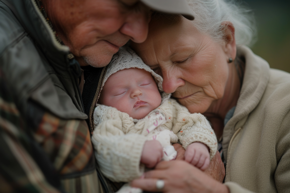 elderly couple snuggling a sleeping infant